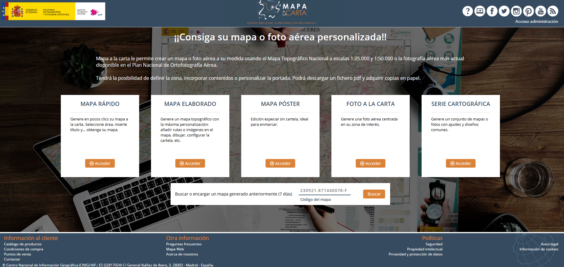 Página de inicio o interfaz principal del servicio Mapa a la Carta del CNIG