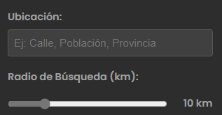 Formulario de ubicación y radio en el mapa de GeoSafety