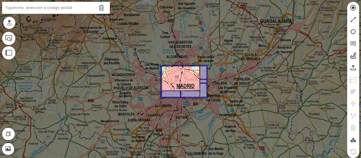 Mapa de España en el CNIG con herramientas de zoom y un campo de búsqueda para localizar una zona