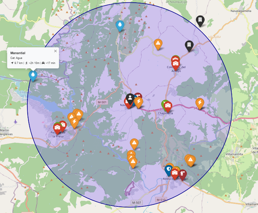 Mapa interactivo de GeoSafety con POIs y controles de zoom