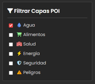 Panel de filtros de POIs en GeoSafety