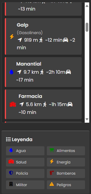 Lista de POIs y leyenda del mapa en GeoSafety