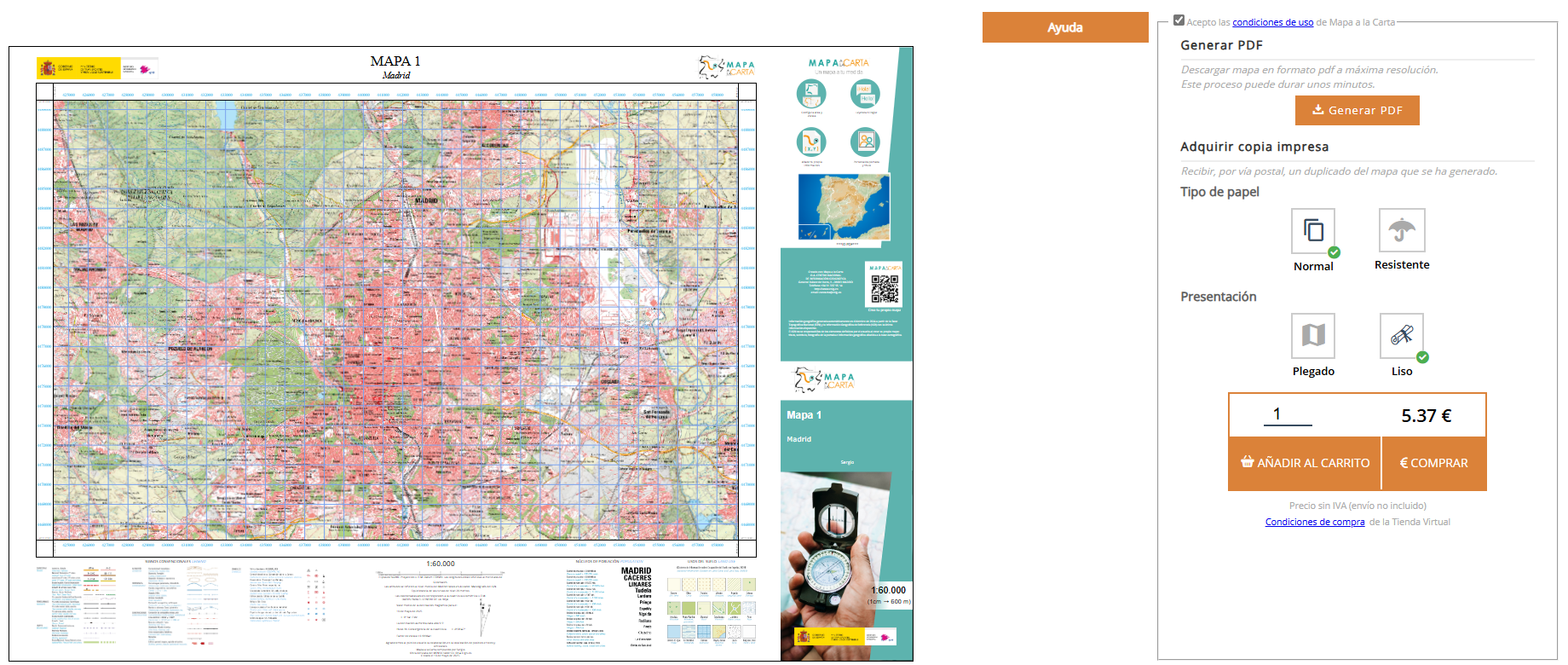 Opciones de formato (PDF resaltado) y selección de hojas de mapa para descargar del CNIG