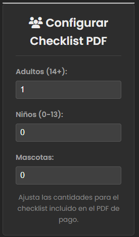 Formulario para configurar el número de personas y mascotas para el Kit PDF